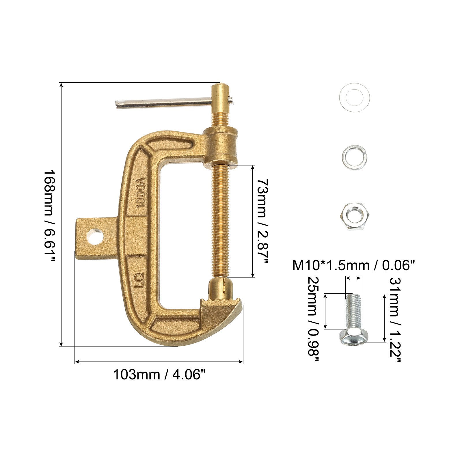 1000A Brass G-shape Ground Welding Earth C-Clamp T-Handle Clamping Range 73mm