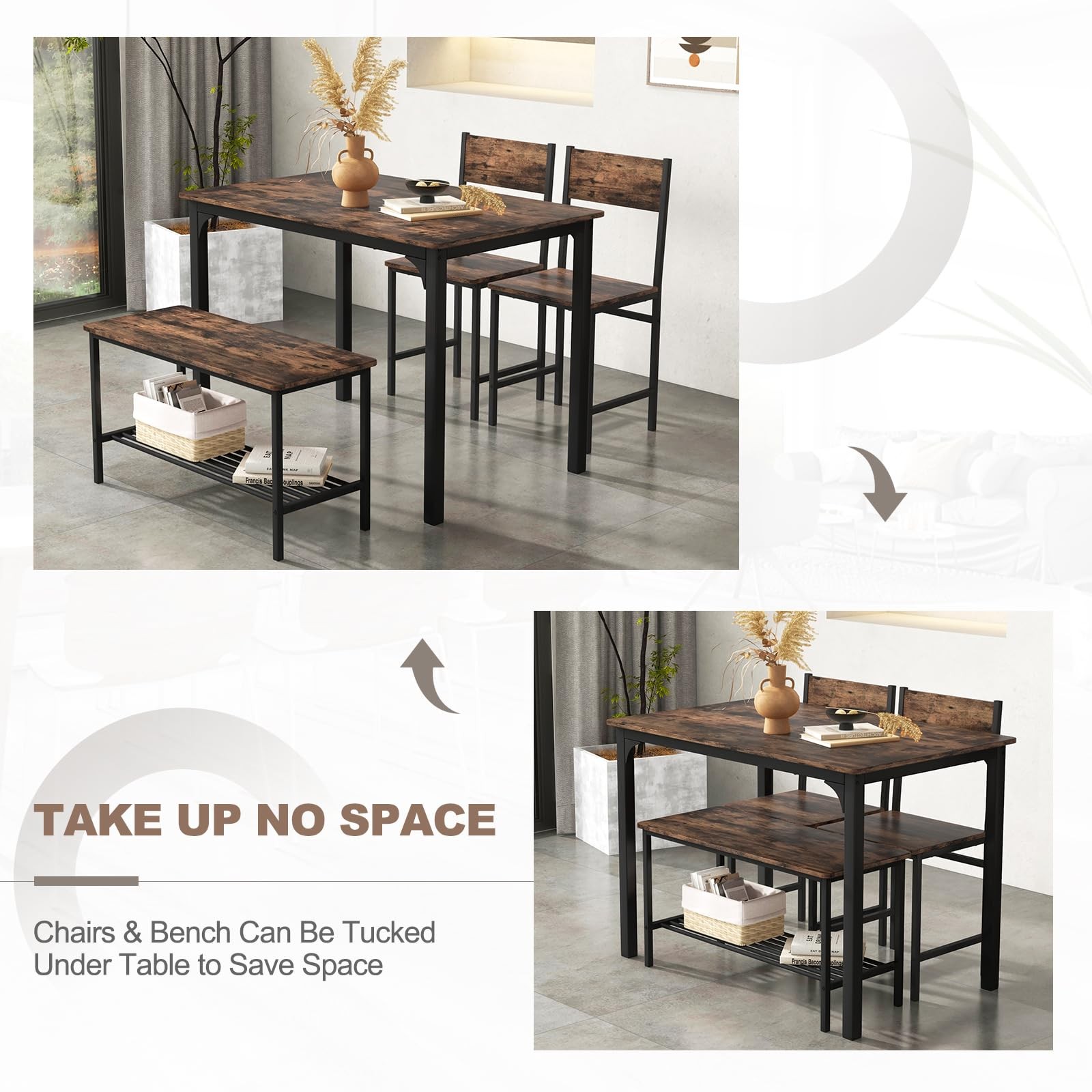 Dining Table Set for 4 Modern Industrial Kitchen Table with Bench Chairs