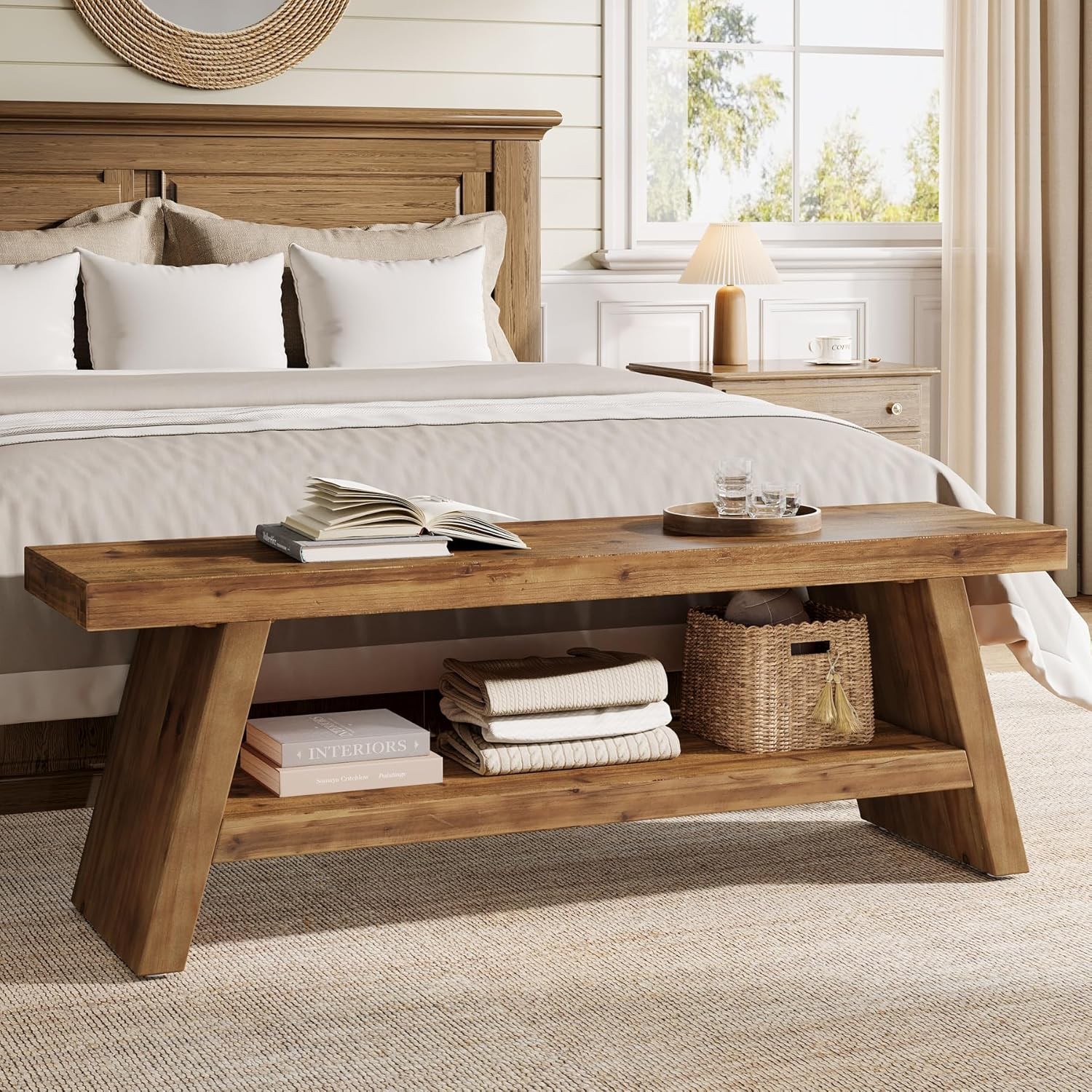 2-Tier Entryway Bench, Solid Wood Seating with Open Shelves for Hallway Foyer