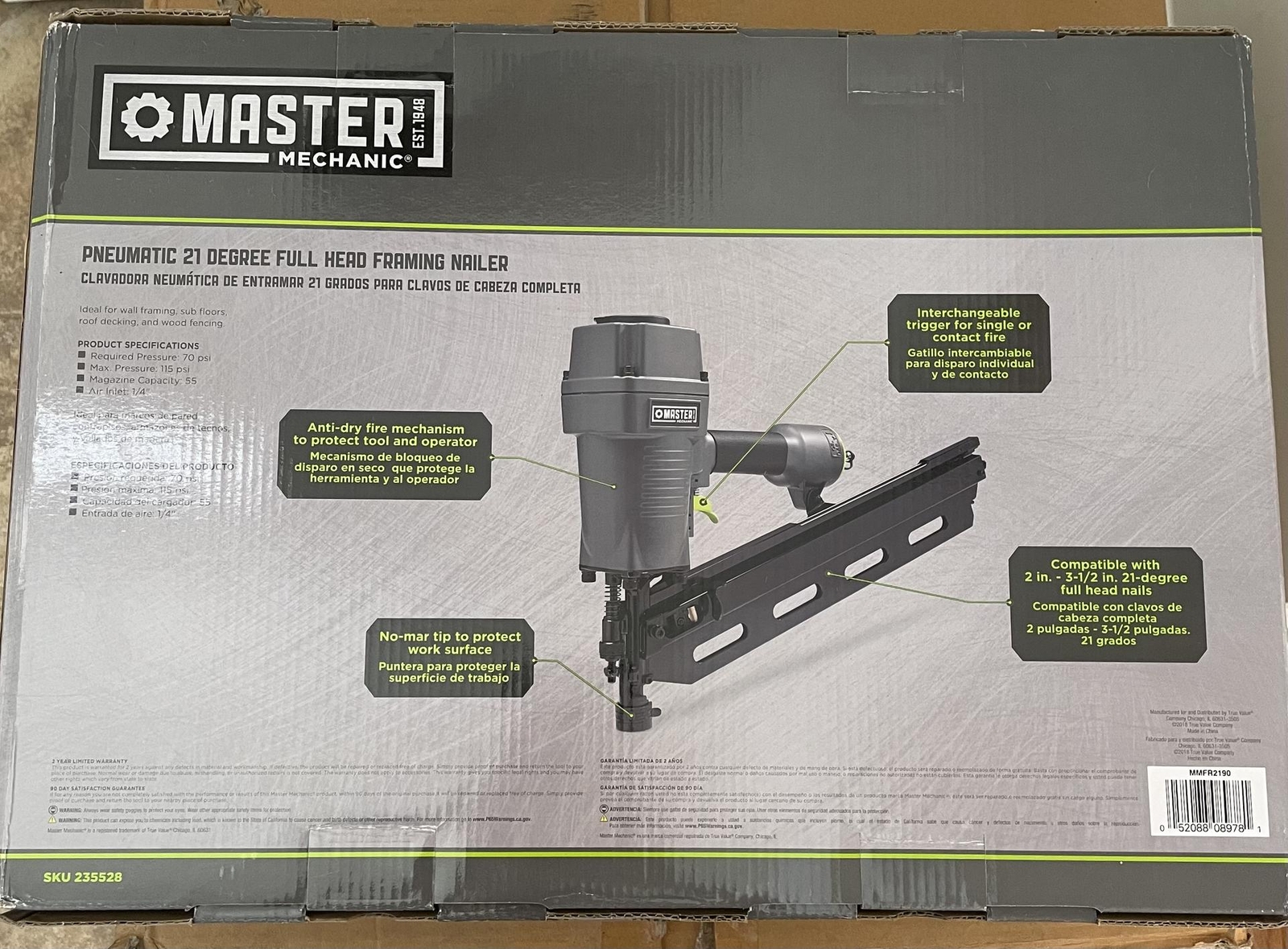 Master Mechanic MMFR2190 Framing Nailer Full Head 21-Degree