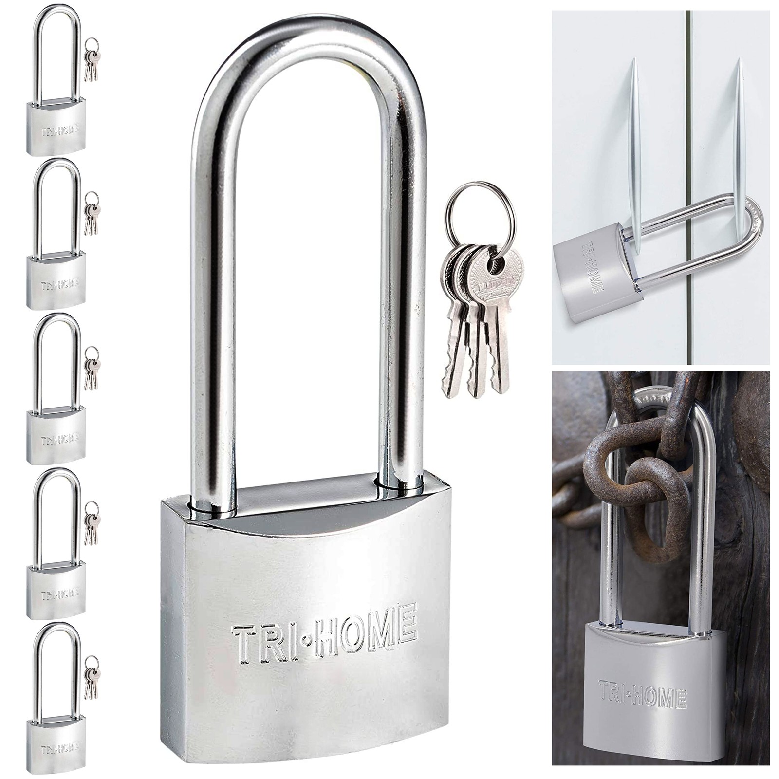 6 Pk Chrome Long Shackle Padlocks 1.5" Brass Locks Keyed 3 Keys 40mm Heavy Duty