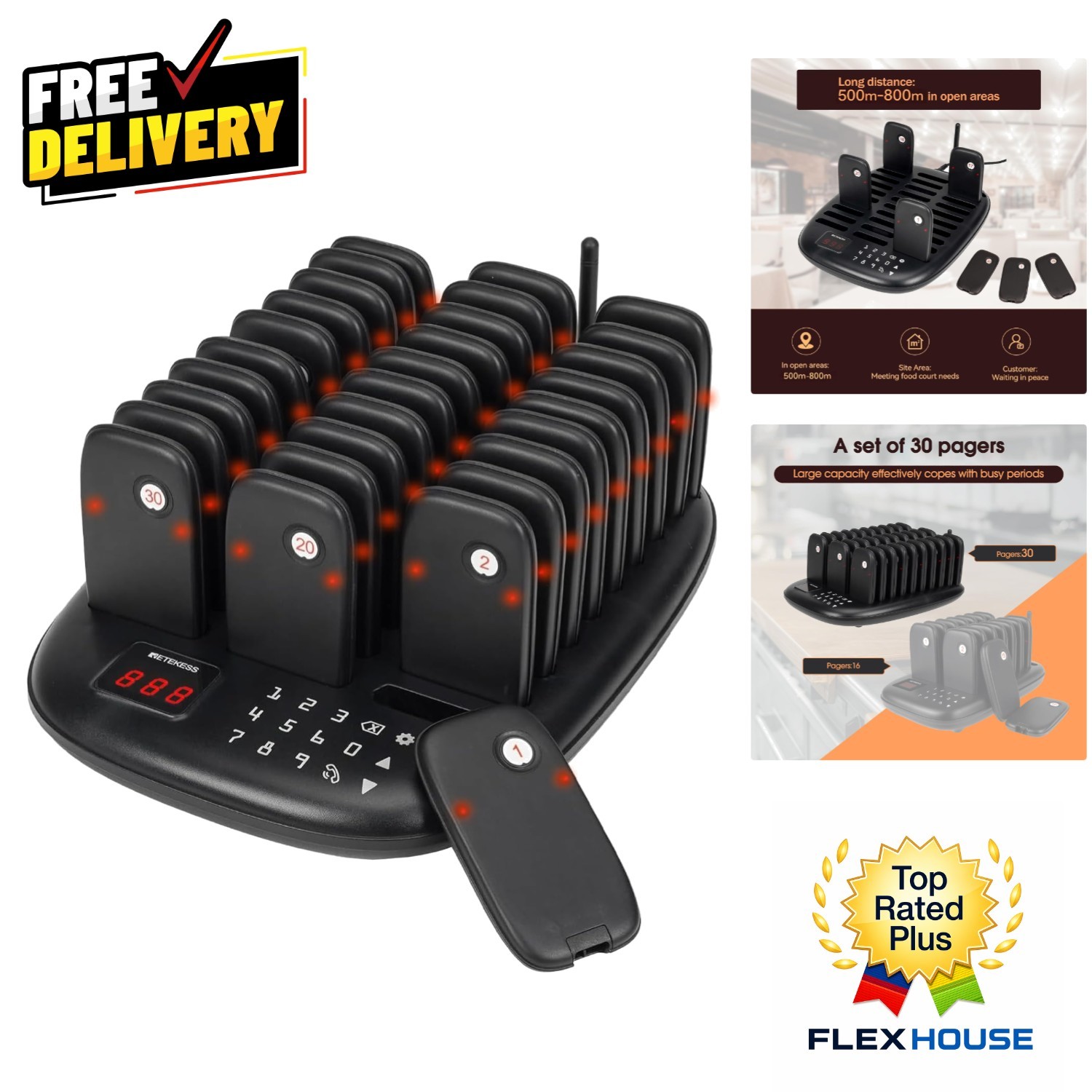 Wireless Restaurant Buzzer System with 30 Pagers - Custom Alerts & Long Range