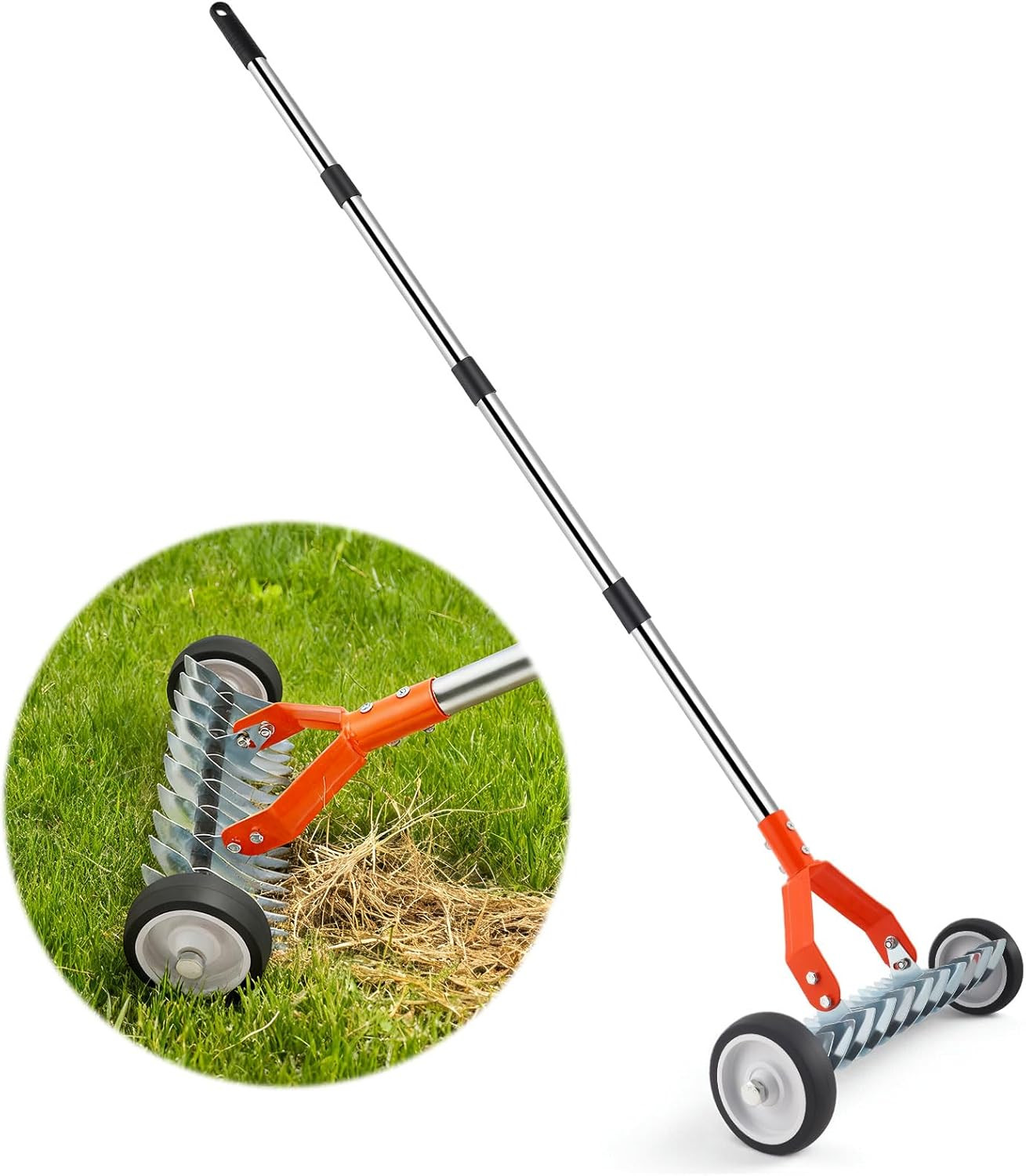 Thatch Rake with Wheels, 37-65.35'' Adjustable Dethatching Roller Rake Adjustabl