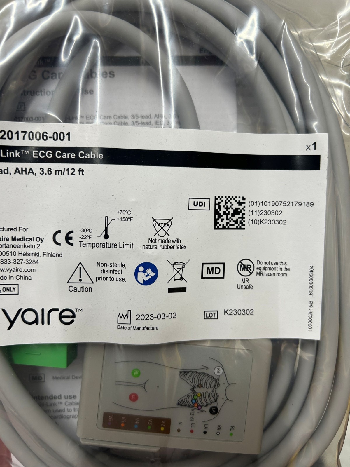 *Lot of 2* VYaire 2017006-001 Multi-Link Cable 12-Lead AHA, 3.6 m/12 ft New