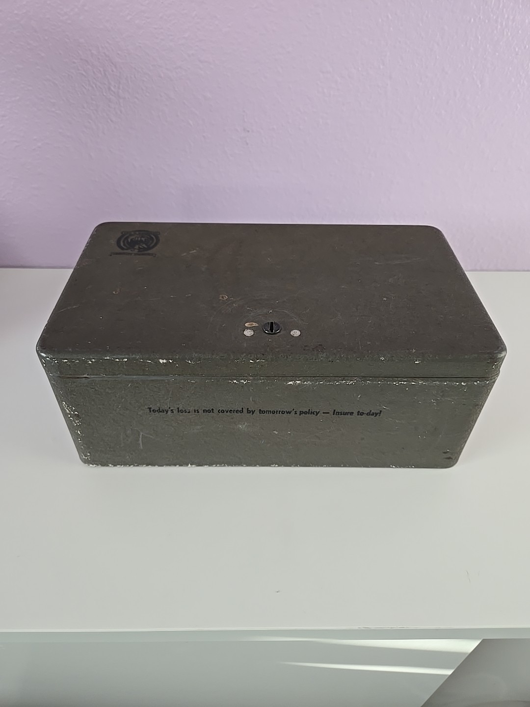 Vintage Metal Security Storage Box NO Key with 1950's Insurance Advertising