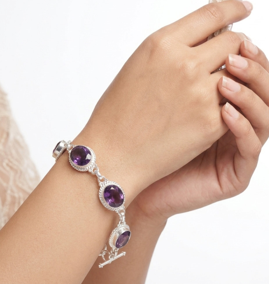 Purple Amethyst Gemstone Handmade 925 Sterling Silver Jewelry Bracelet 8"