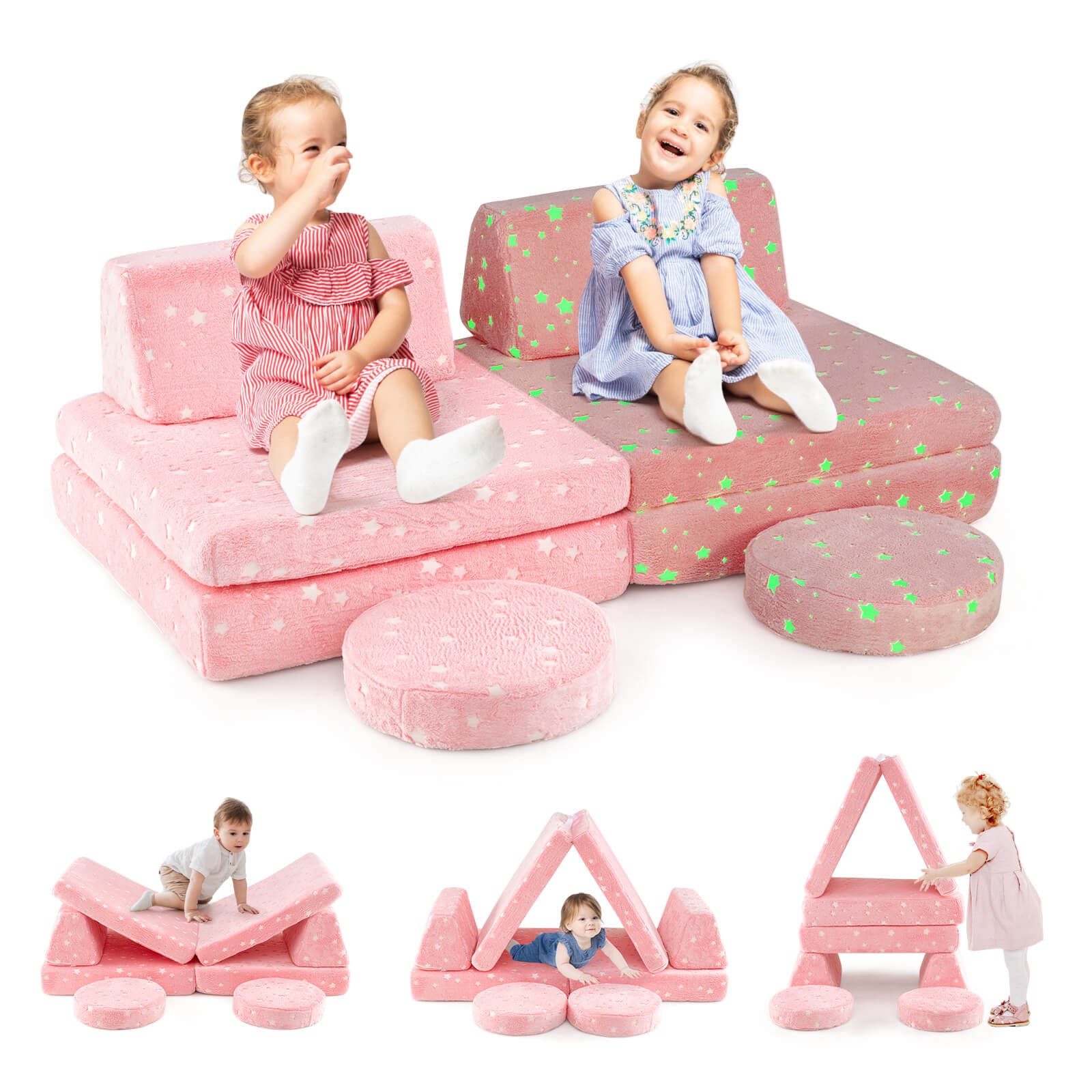 Glow in the Dark Modular Kids Play Couch Set w/ Machine-washable Flannel Covers