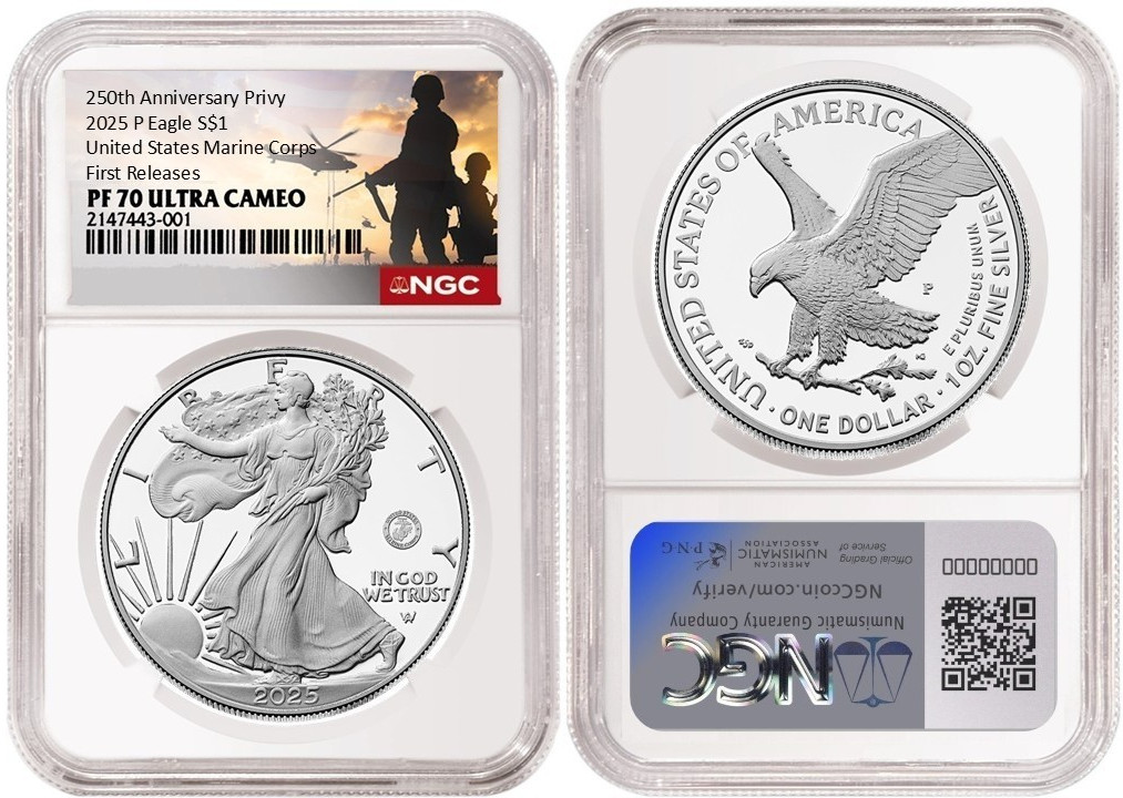2025 P Silver Eagle S$1 U.S. Marine Corps NGC PF70 UC First Releases #2646