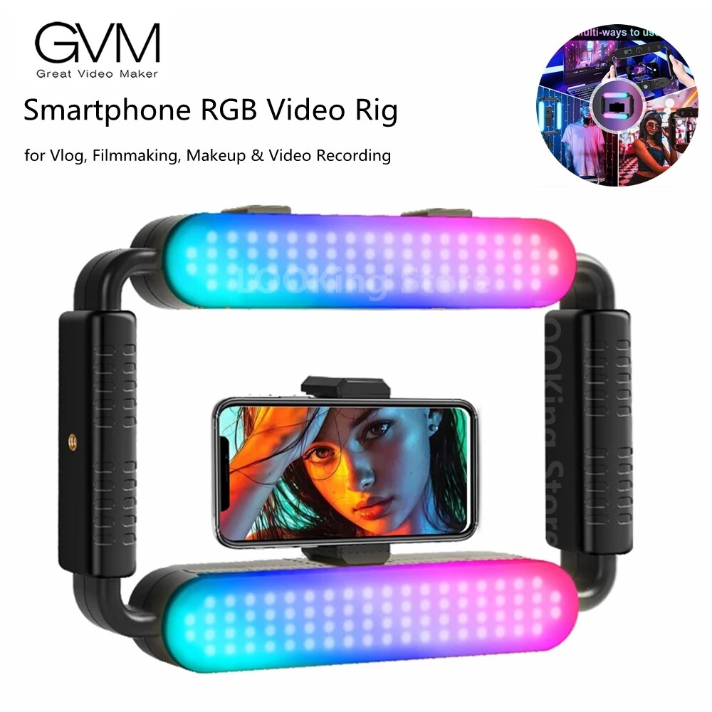 GVM Smartphone RGB Video Rig Camera Stabilizer dual handle Selfie LED Ring Light