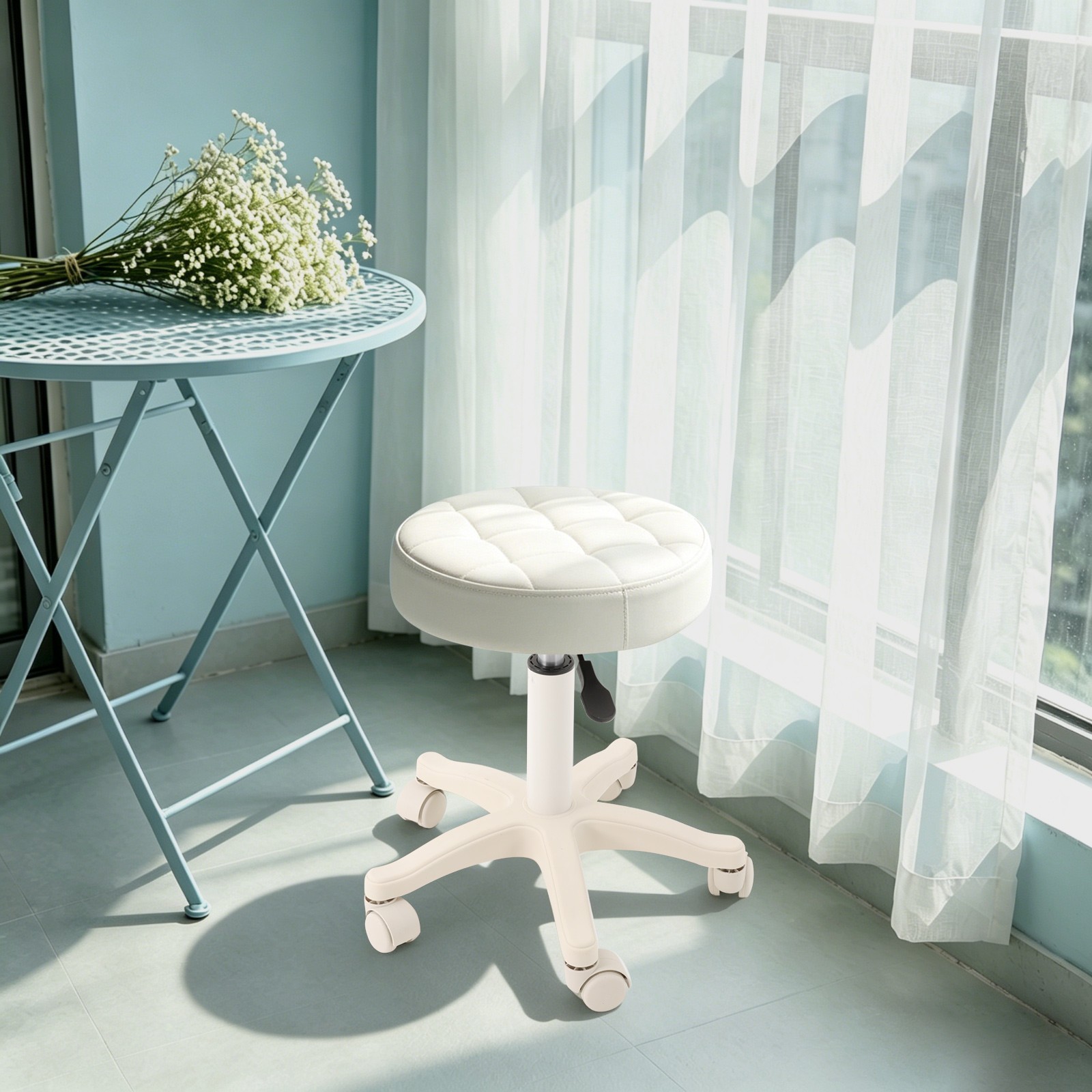 PU Leather Round Rolling Stool with Wheels, Height Adjustable Bar Stool
