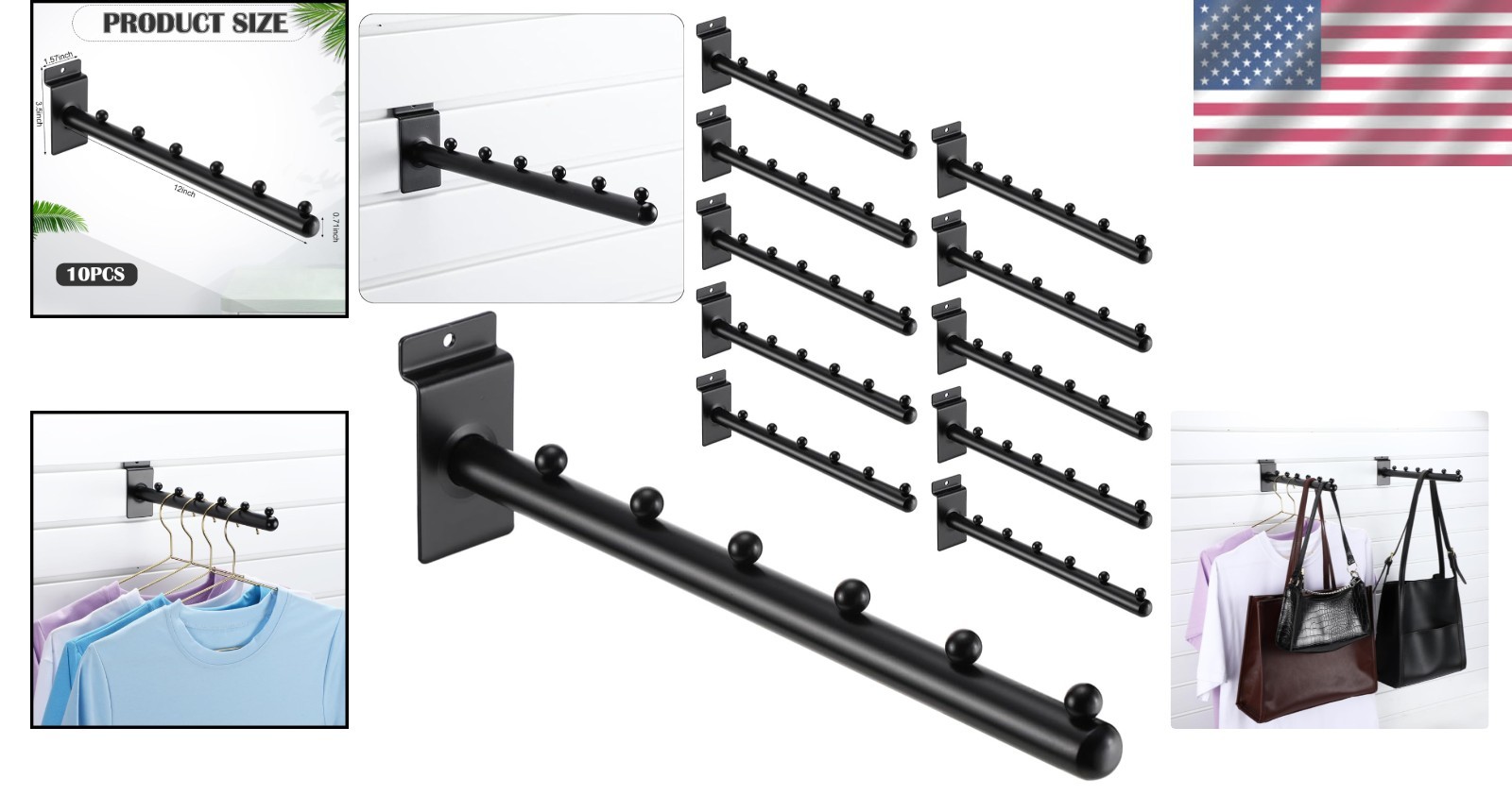 Waterfall Hooks for Slatwall Panel Metal Hangers Black Display Accessories 10...