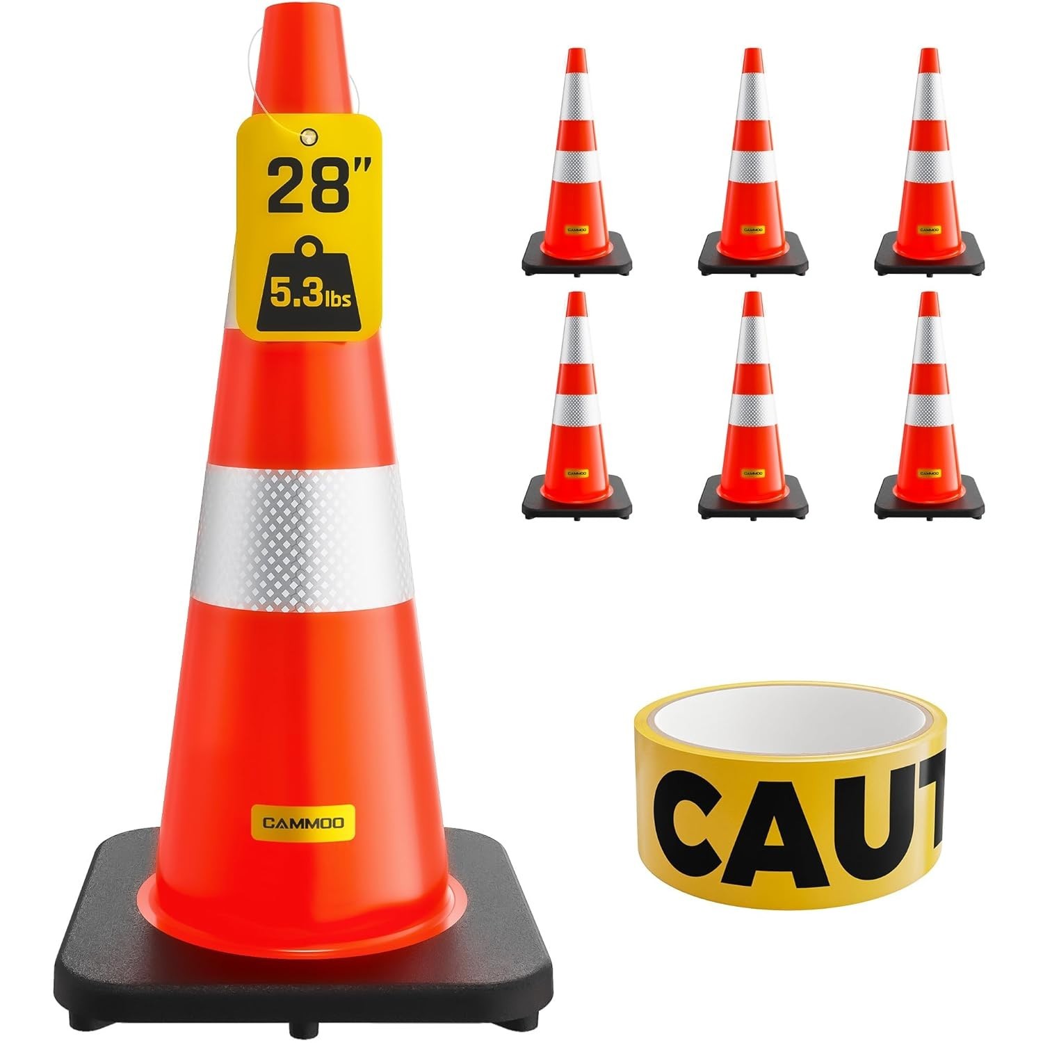 6 Pack 28in MUTCD Orange Traffic Cones with Reflective Collar and Caution Tape