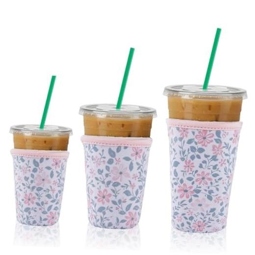 3 Packs Reusable Iced Coffee Sleeves - Neoprene Cup Sleeve for Hot and Flower