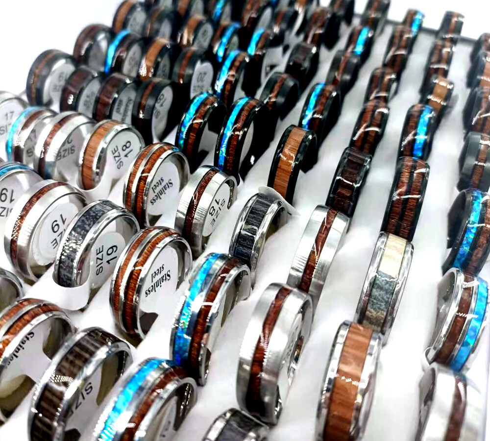 WHOLESALE 20PCS WOOD 316L STAINLESS STEEL RINGS MAN WOMEN JEWELRY