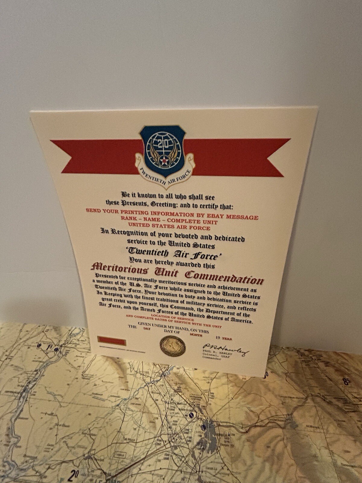 U.S. AIR FORCE / 20TH AIR FORCE - MERITORIOUS UNIT COMMENDATION CERTIFICATE