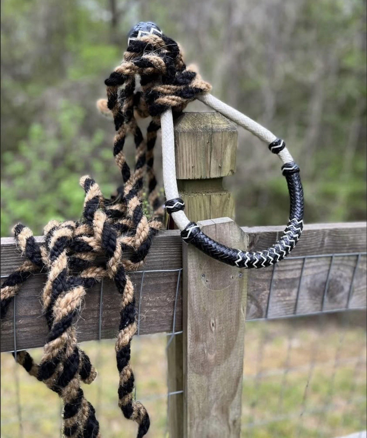 Natural Rawhide Bosal & Black And Tan Horsehair Mecate Bitless Hackamore