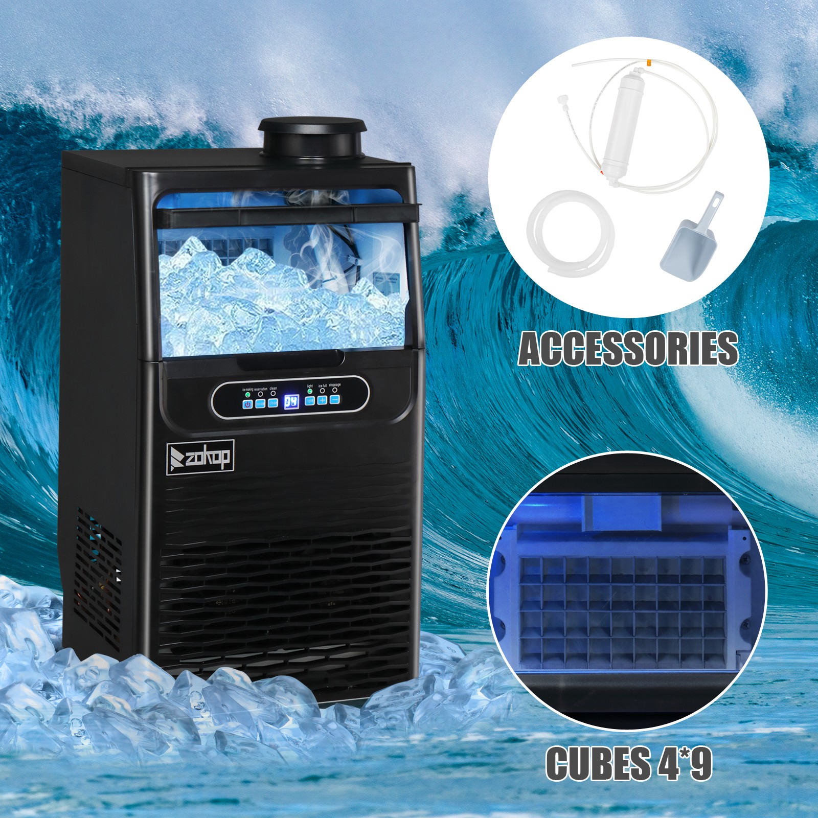 ZOKOP Electric 90lbs/24h Commercial Ice Maker Home Restaurant Bar Cube Machine