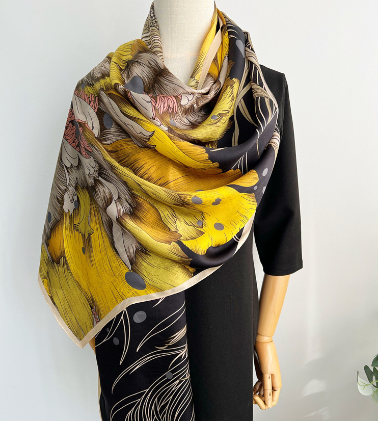 100% Silk Mulberry 180X65cm Scarf For Women Neckerchief Wrap Yellow leaves Print
