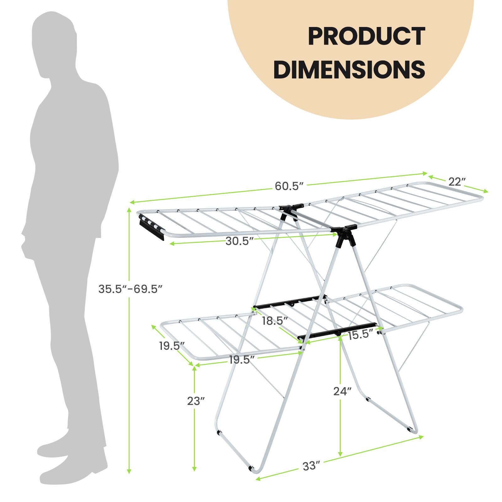 2-Tier Foldable Clothes Drying Rack 2-Level Garment Hanger w/Adjustable Gullwing