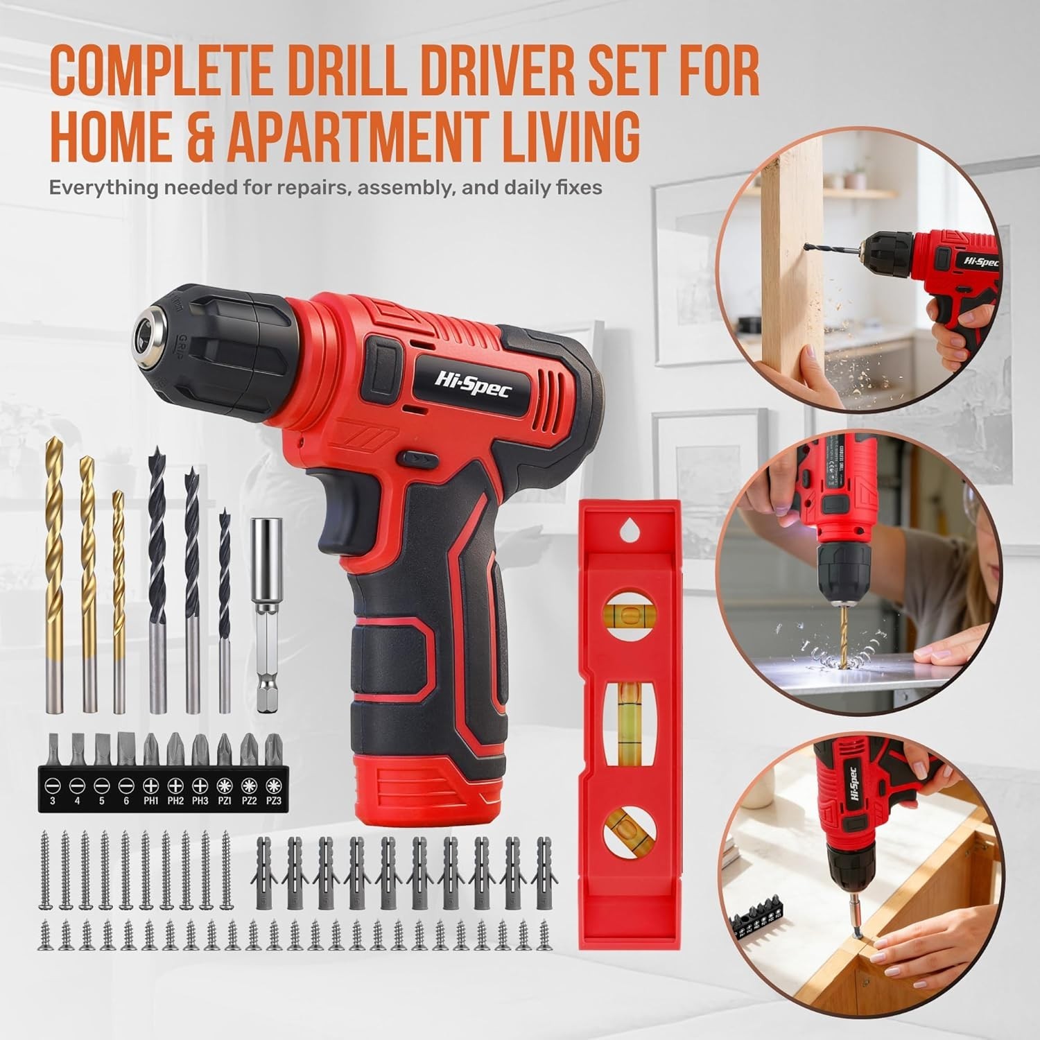 Hi-Spec 8V USB Cordless Drill Driver Kit w/ Drill & Screwdriver Bits Red