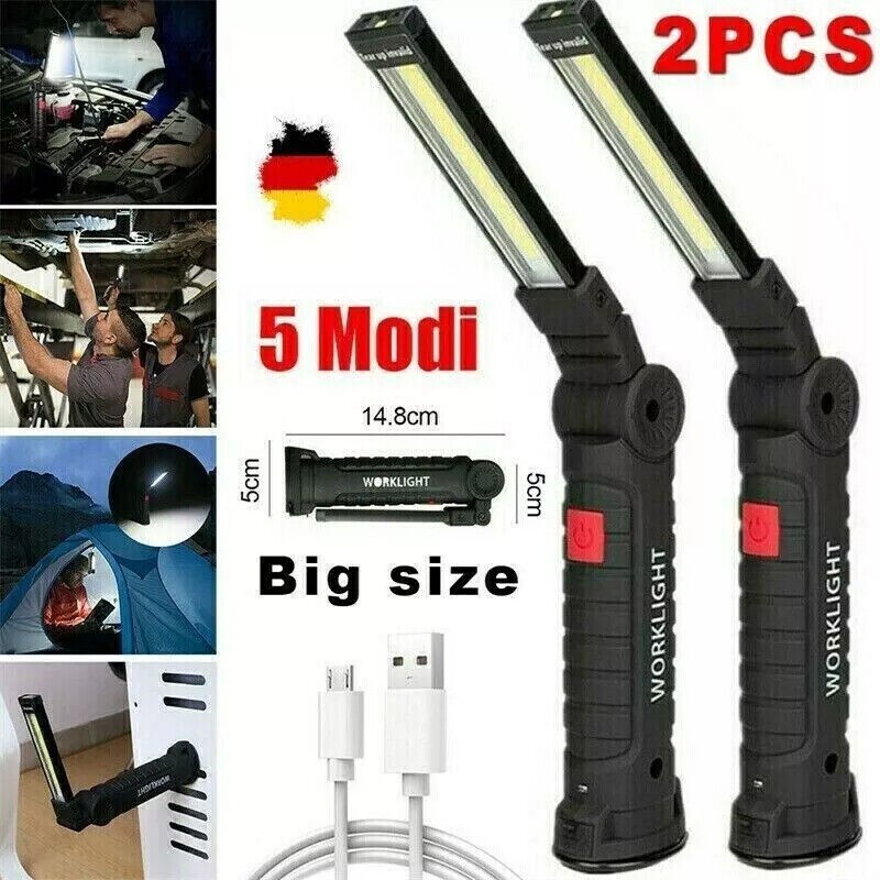 2x LED COB Red White Work Light USB Rechargeable Flashlight Magnetic Base Small