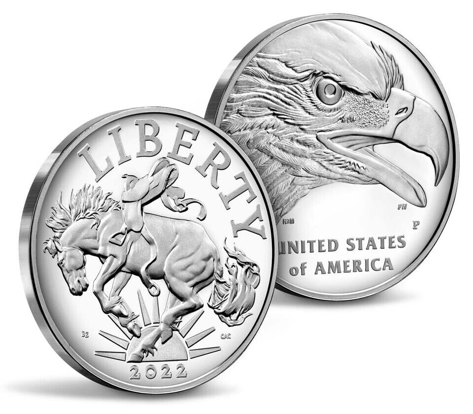 2022 P American Liberty Silver Medal Proof .999 Pure 1 troy oz. 22db Eagle Bronc