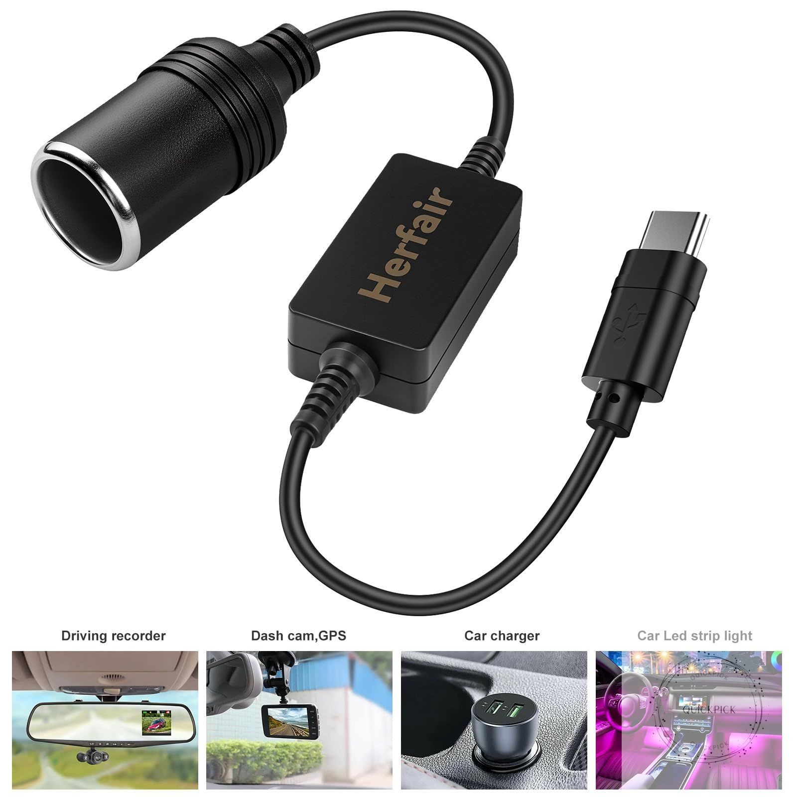 USB C Male to 12V Car Cigarette Lighter Socket Female Converter Adapter Power Ca