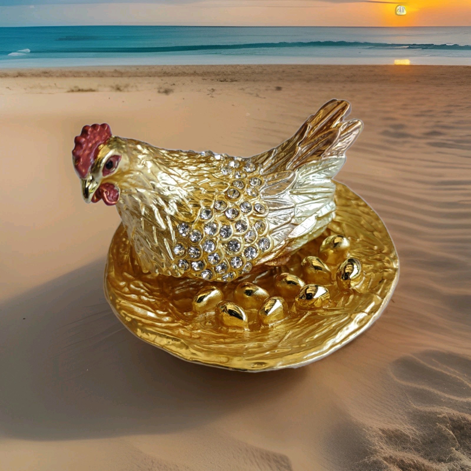 Gold Brown Chicken Hen Trinket Box