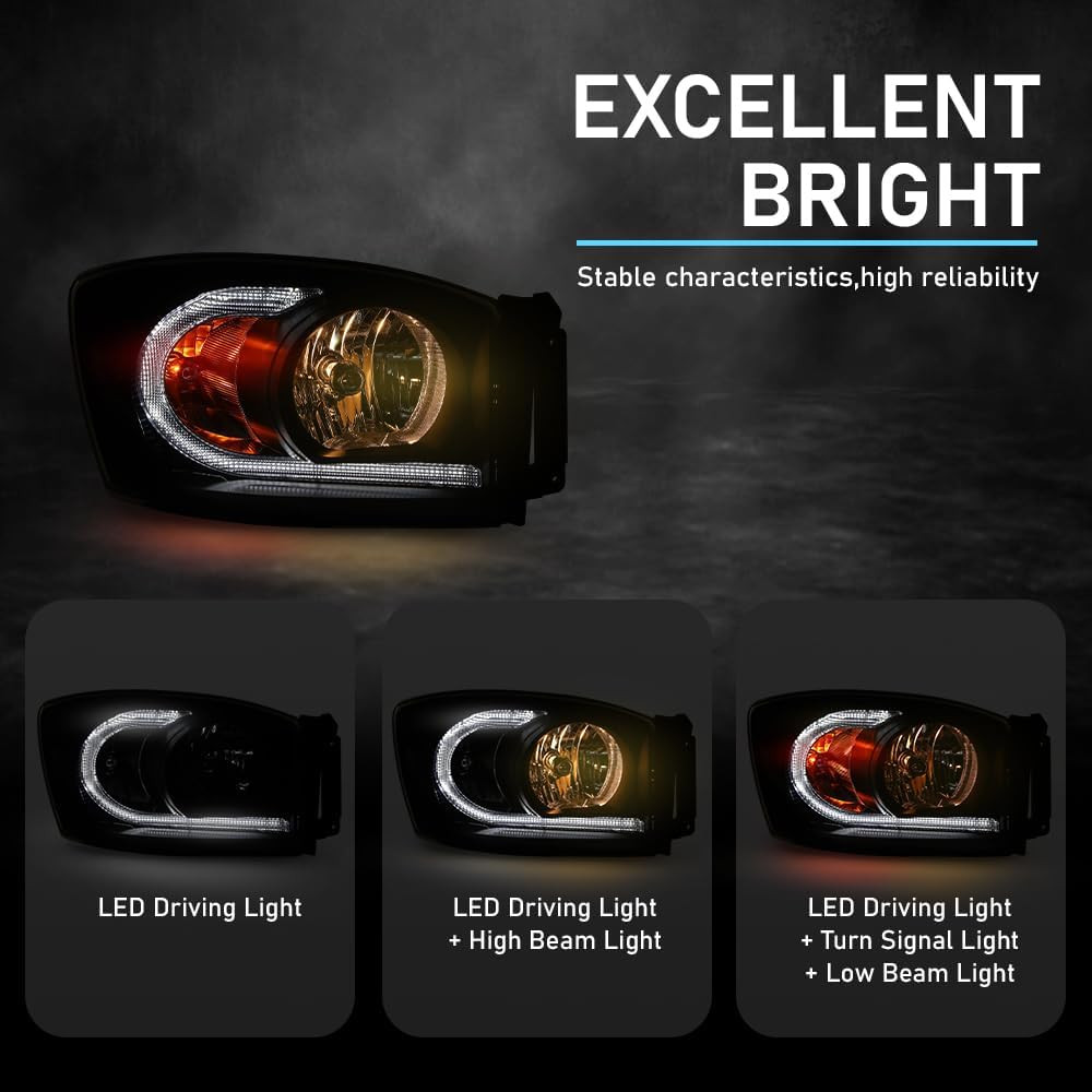 LED Headlights for 06-08 Ram 1500 & 06-09 Ram 2500 3500 Smoky Black Housing