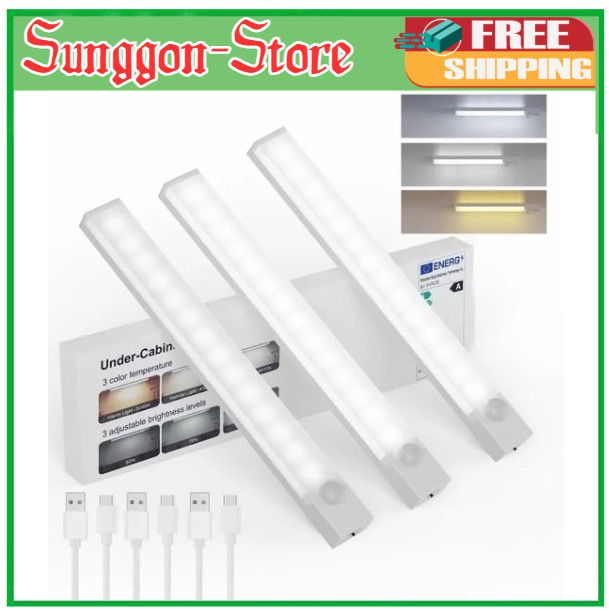 3 pcs LED Under Cabinet Lights, Rechargeable Motion Sensor, 3 Color Dimmable-8in