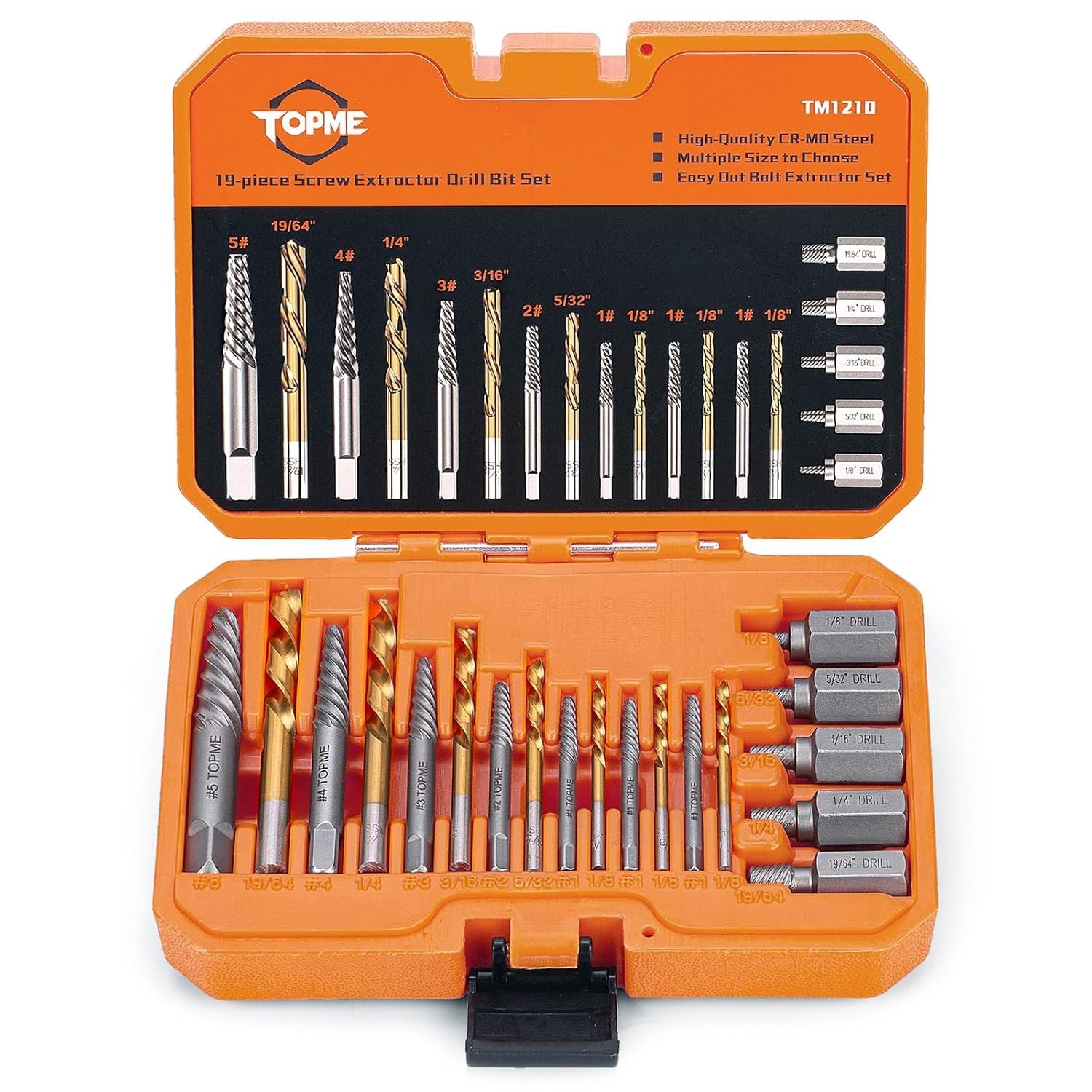 19pc Screw Extractor & Left Hand Drill Bit Set Damaged Bolt Easy Out Remover Kit