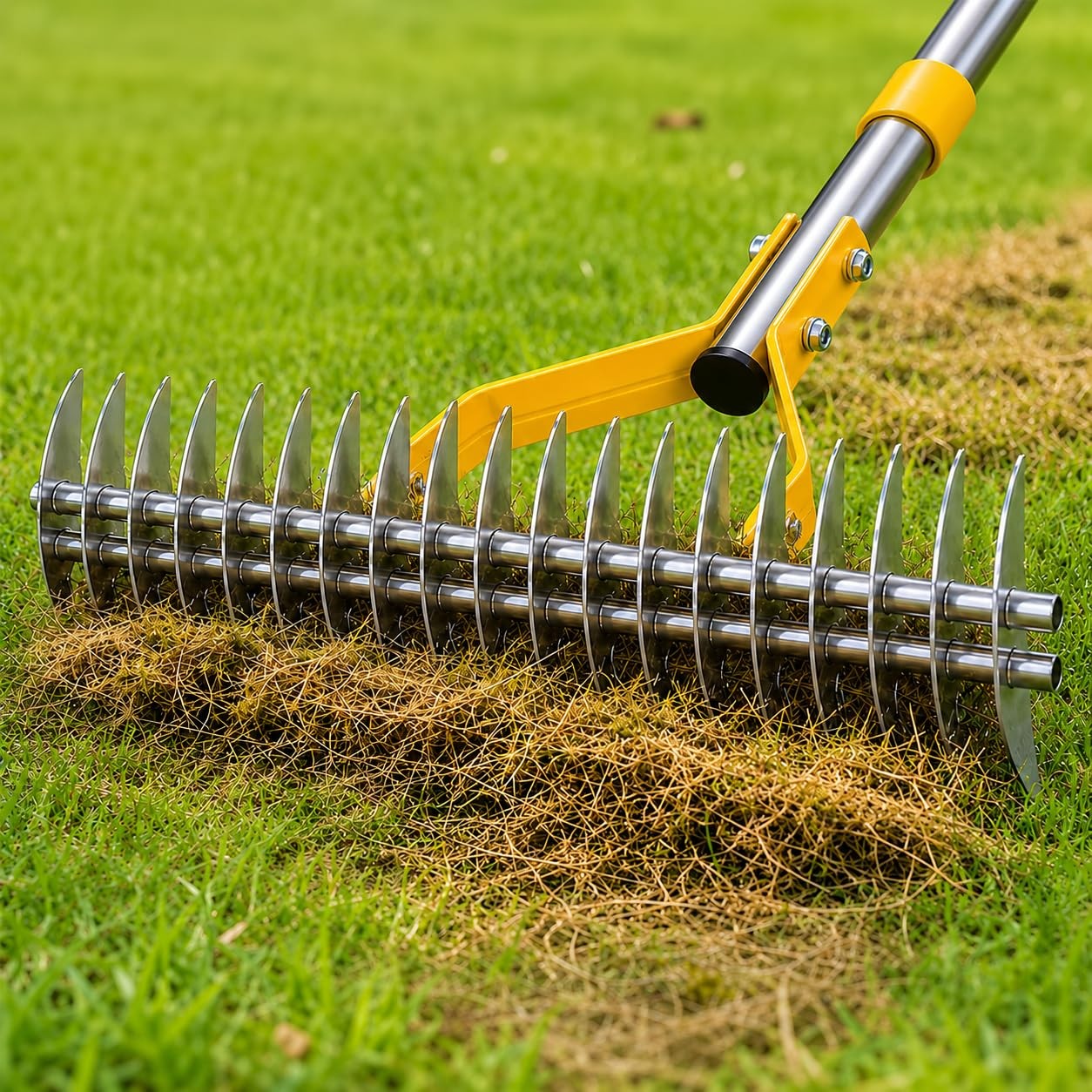 Heavy Duty Dual Sided 70" Sharp Thatch Rake for Lawns Dethatching Tool