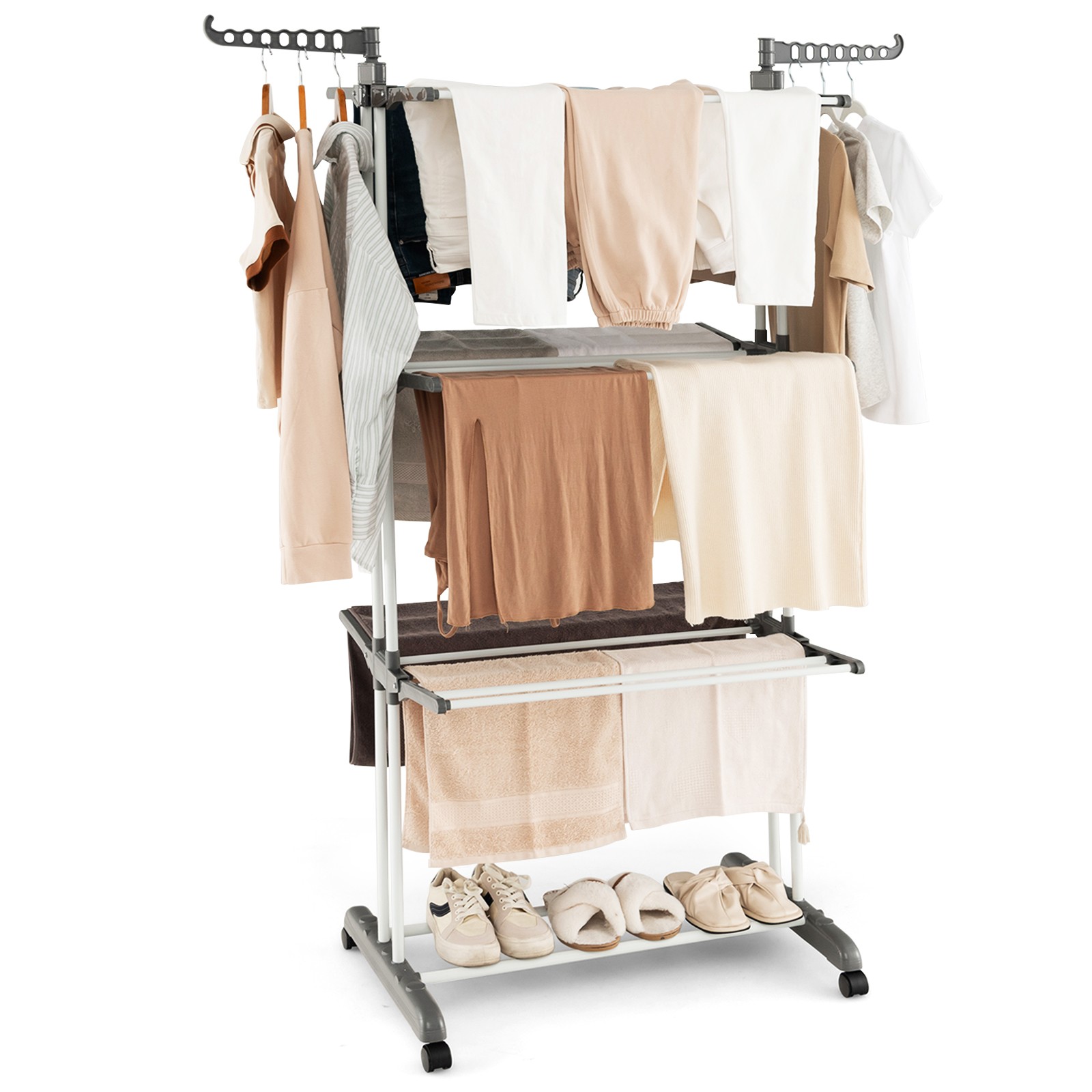 3-tier Folding Clothes Drying Rack w/ Rotatable Side Wings & Collapsible Shelves