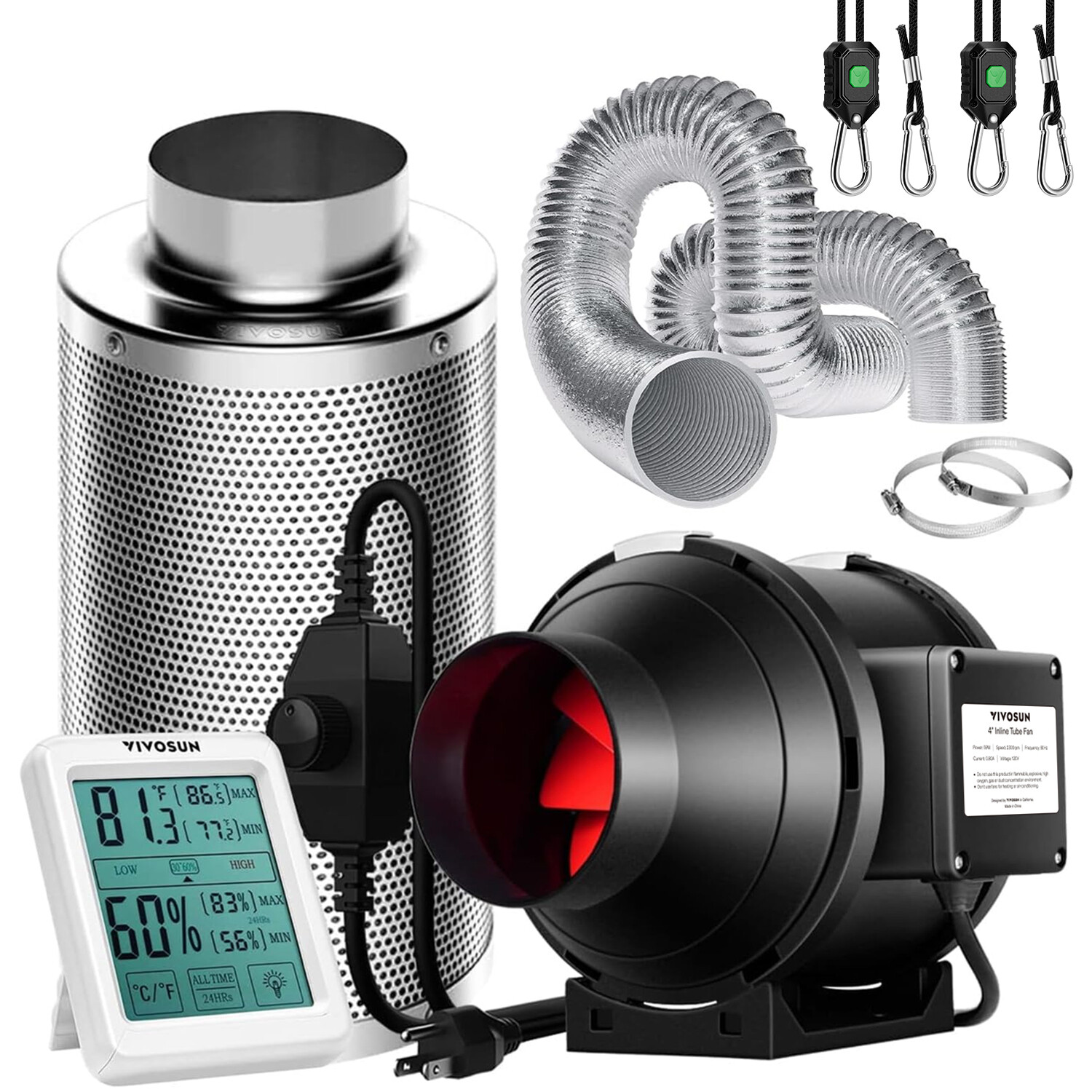 VIVOSUN 4" 190 CFM Inline Fan w/ Speed Controller+4" Carbon Filter+8ft Ducting