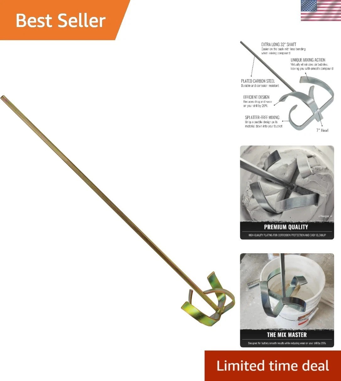 32” Shaft Drywall Mud Mixer - Splatter-Free Pro-Grade Paddle Tool