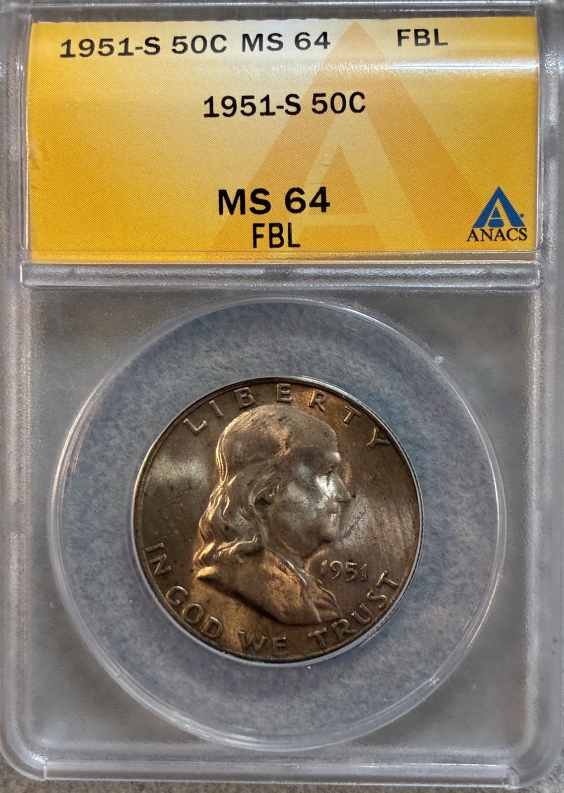 1951-S Franklin Half Dollar 50C ANACS MS64 FBL