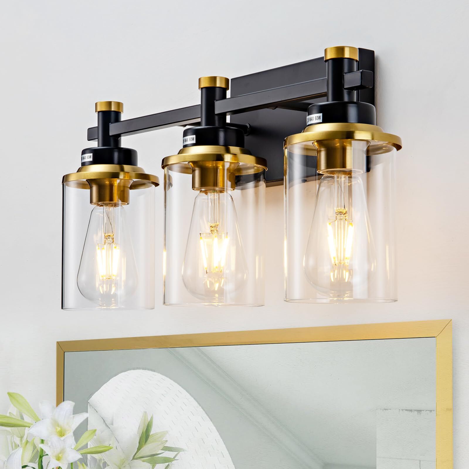 3 Light Bathroom Light Fixtures, Black and Brushed Gold Vanity Light Fixture Ove