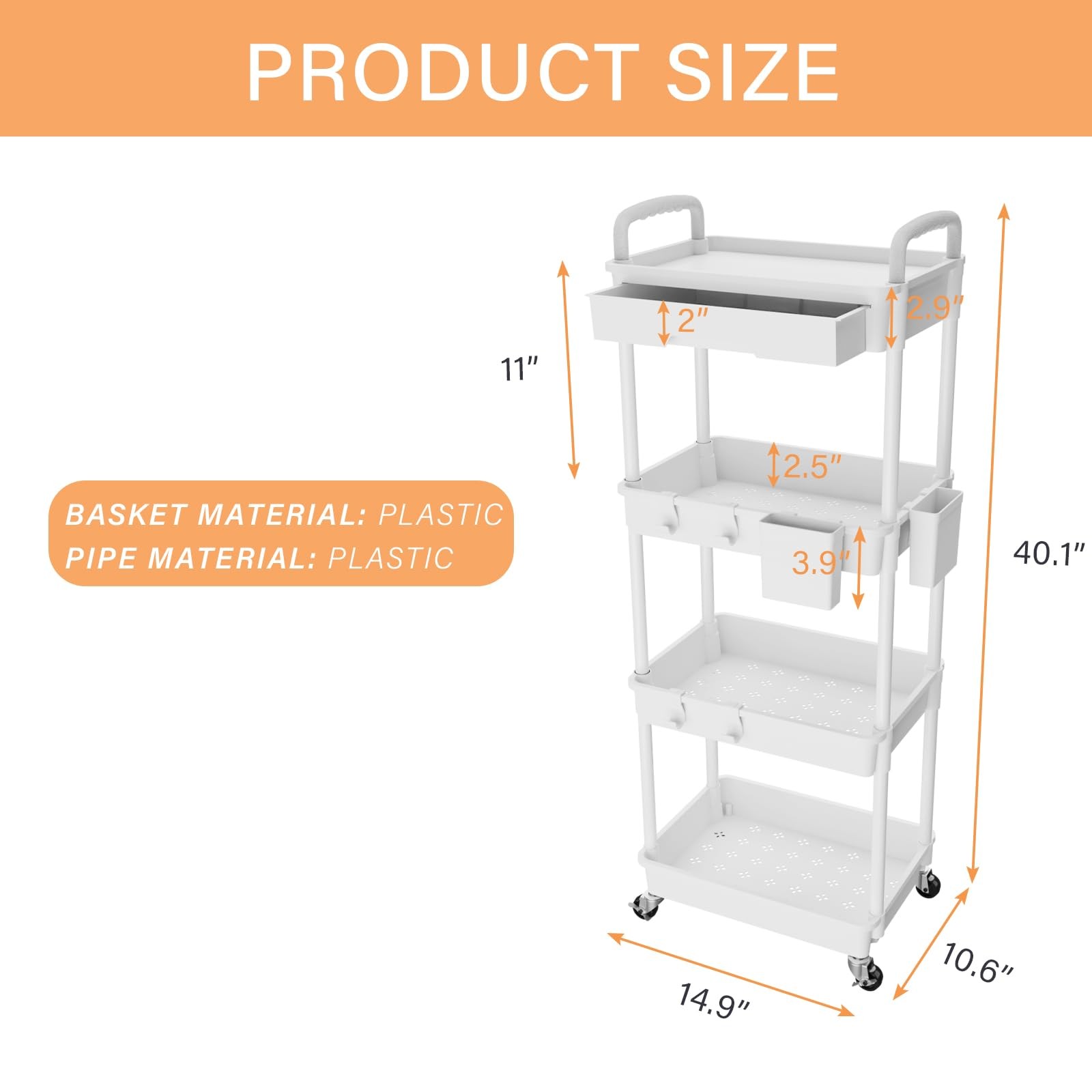 4 Tier Rolling Utility Cart with Drawer Multifunctional Storage Organizer