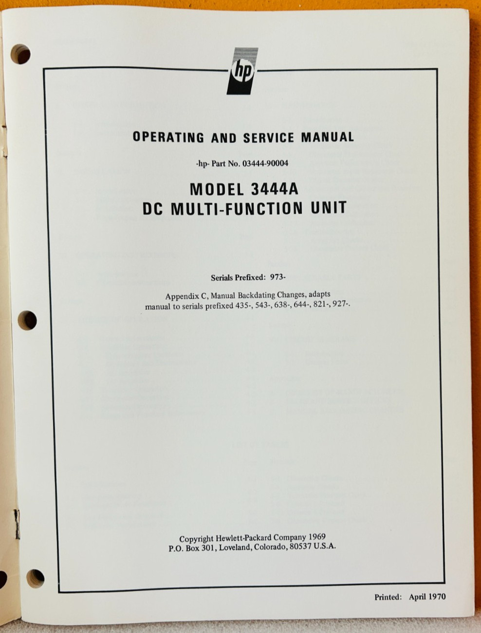 HP 03444-90004 1970 Model 3444A DC Multi-Function Unit Oper & Service Manual.