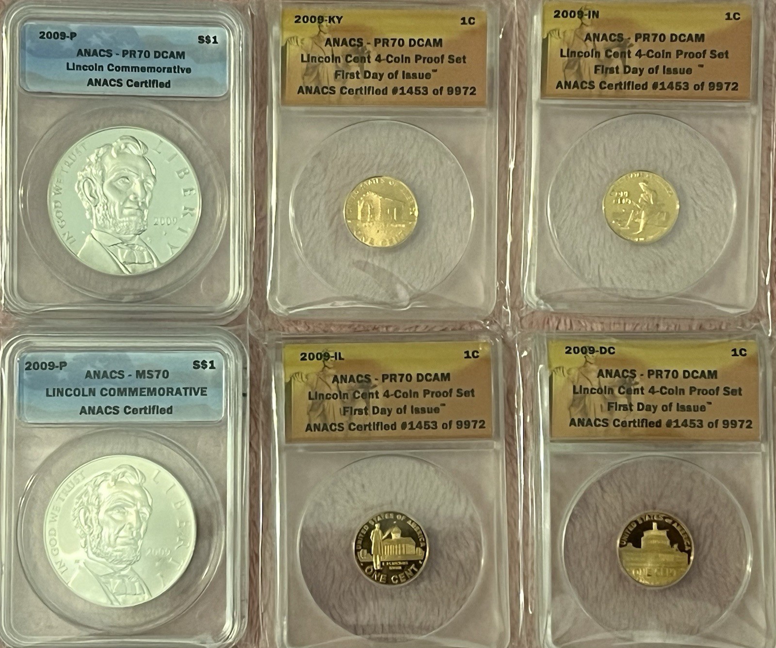 2009 S Lincoln FDOI 4 Coin Proof Set ANANCS PF70RD Ultra Cameo(+2 Silver$1)