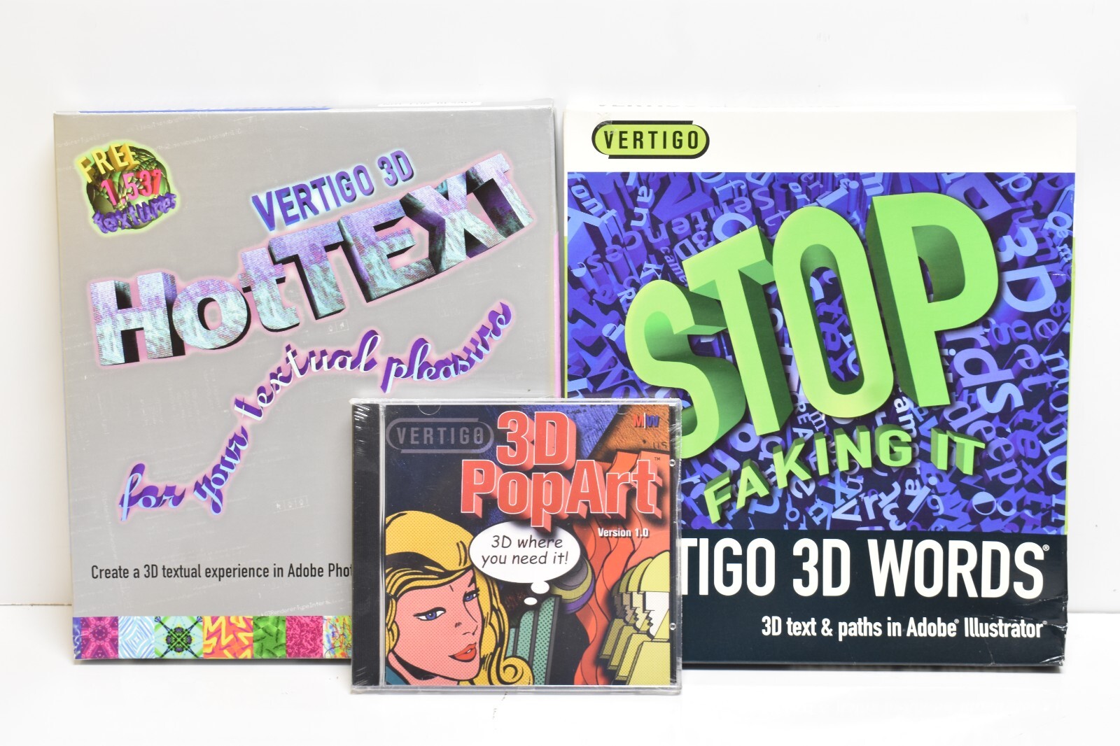 3 Vintage Vertigo 3D Software PopArt HotTex Words Adobe Photoshop Mac/Win EUC