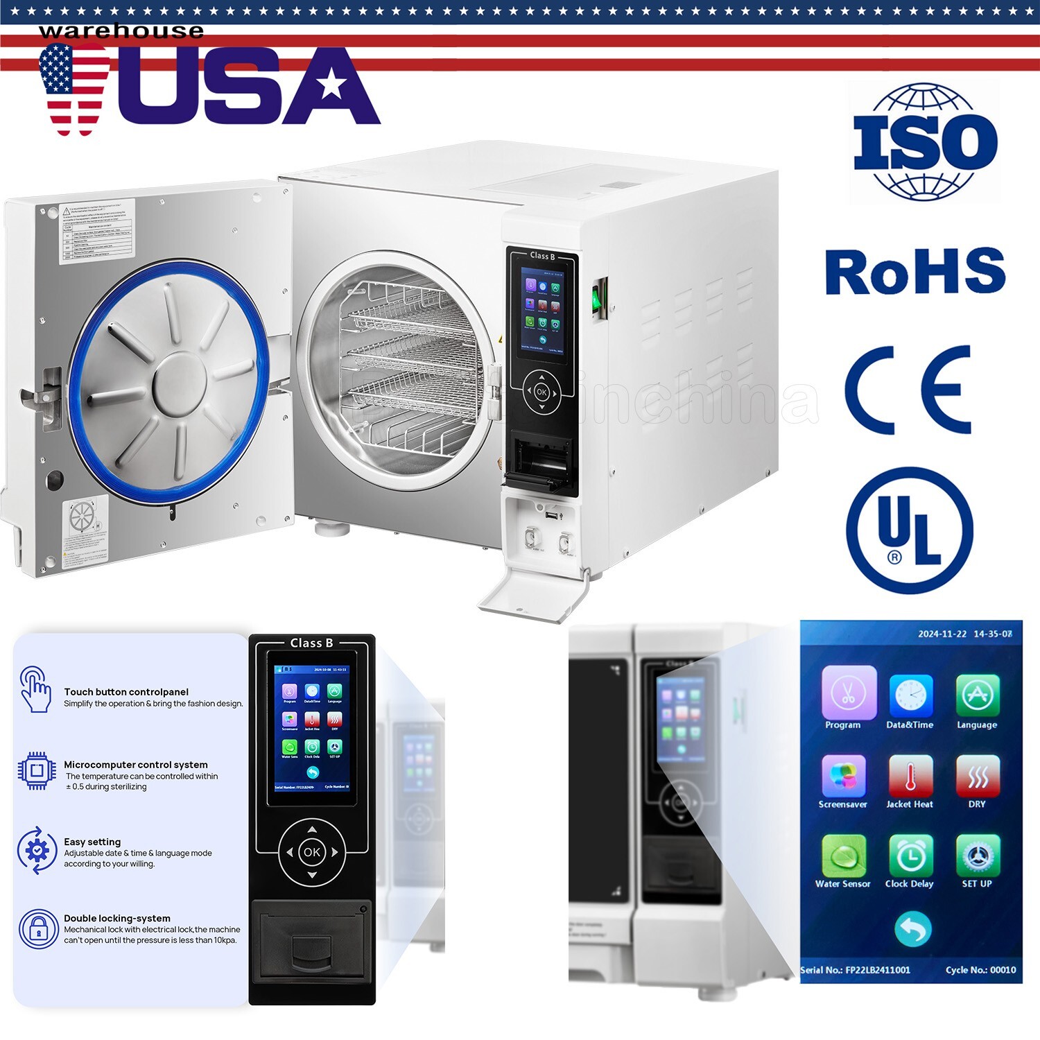 22L Class B Medical Dental Autoclave Vacuum Steam Sterilizer Built-in Printer US