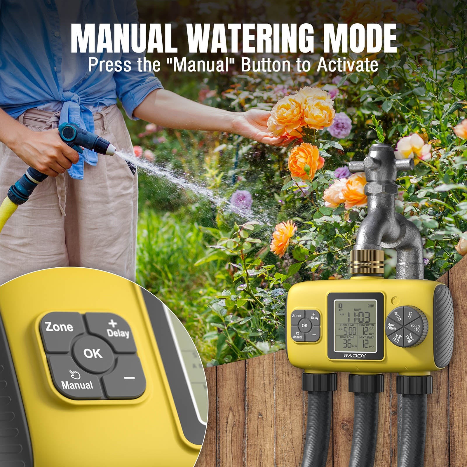 Raddy WS-8 3-Zone Sprinkler Timer: Large LCD, IPX5 Waterproof & Rain Delay