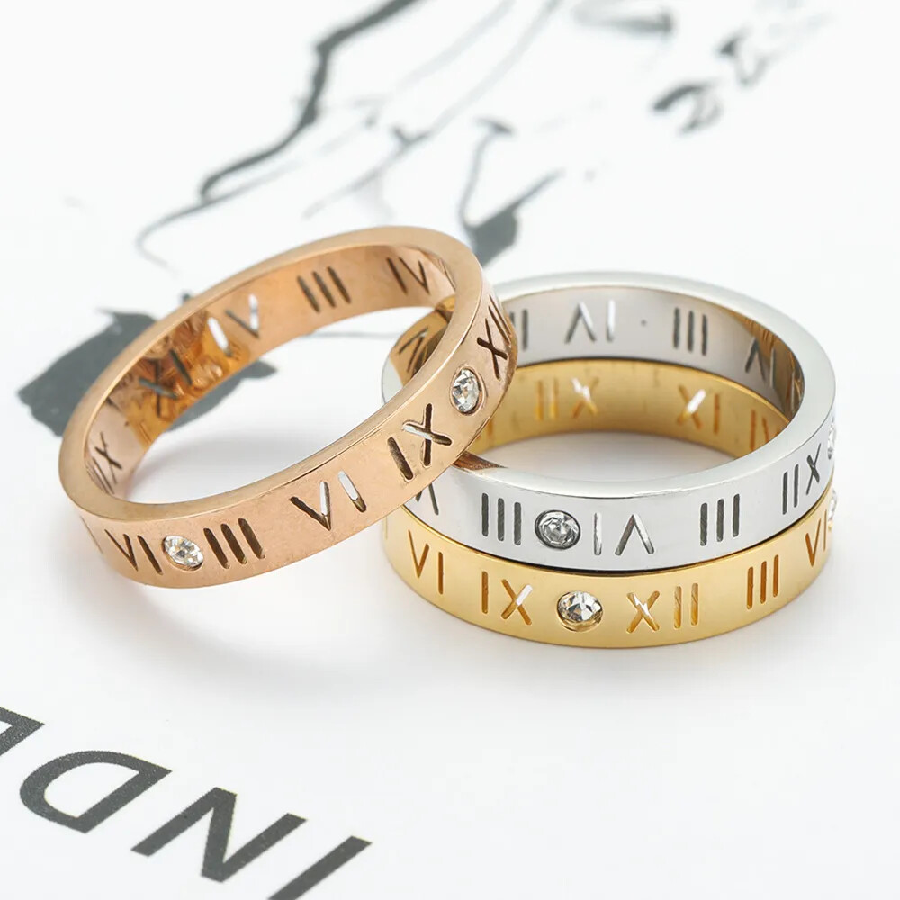 Zircon Inlaid Roman Numeral Stainless Steel Fashion Couple Rings Size 6-10
