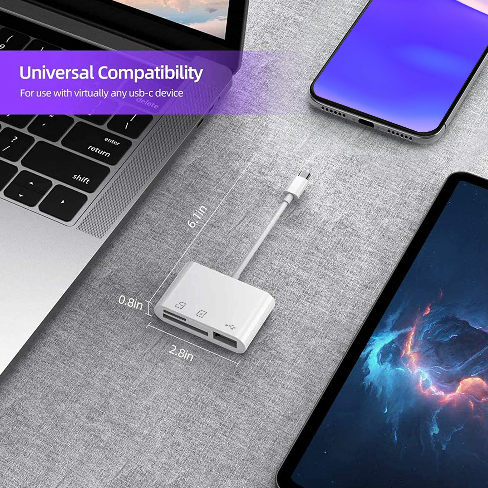 USB C Hub Converter 3-in-1 Type-C Adapter SD Card Reader For iPhone 15 Pro Max