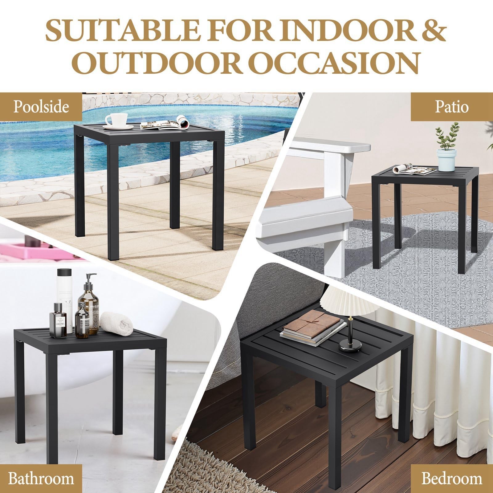 Outdoor Side Table, Black Small Square Metal End Table with Easy Assembly, We...