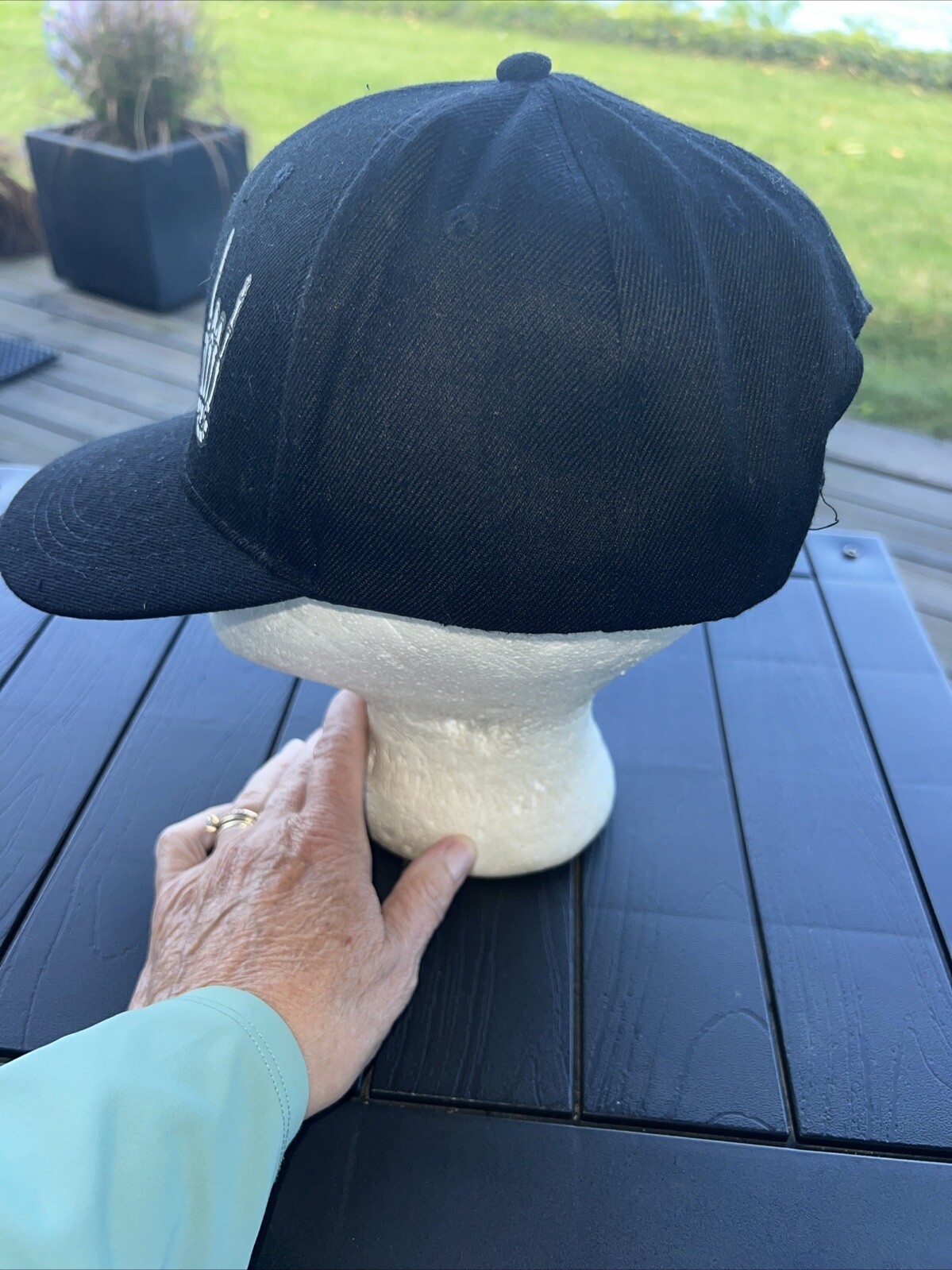 ‘Rock On” Skeleton Hand White on Black Hat Cap Unbranded Hook Loop