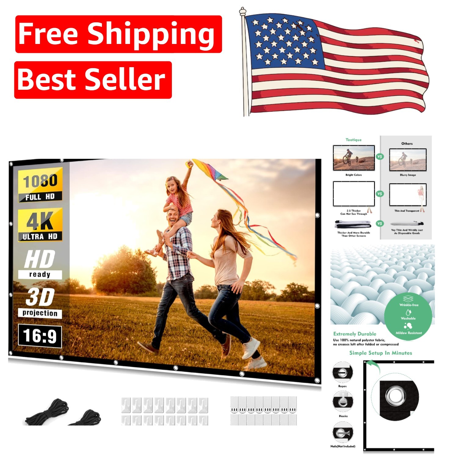 Ultra-Portable 150” Projector Screen - 4K & Wrinkle-Free for Memorable Nights