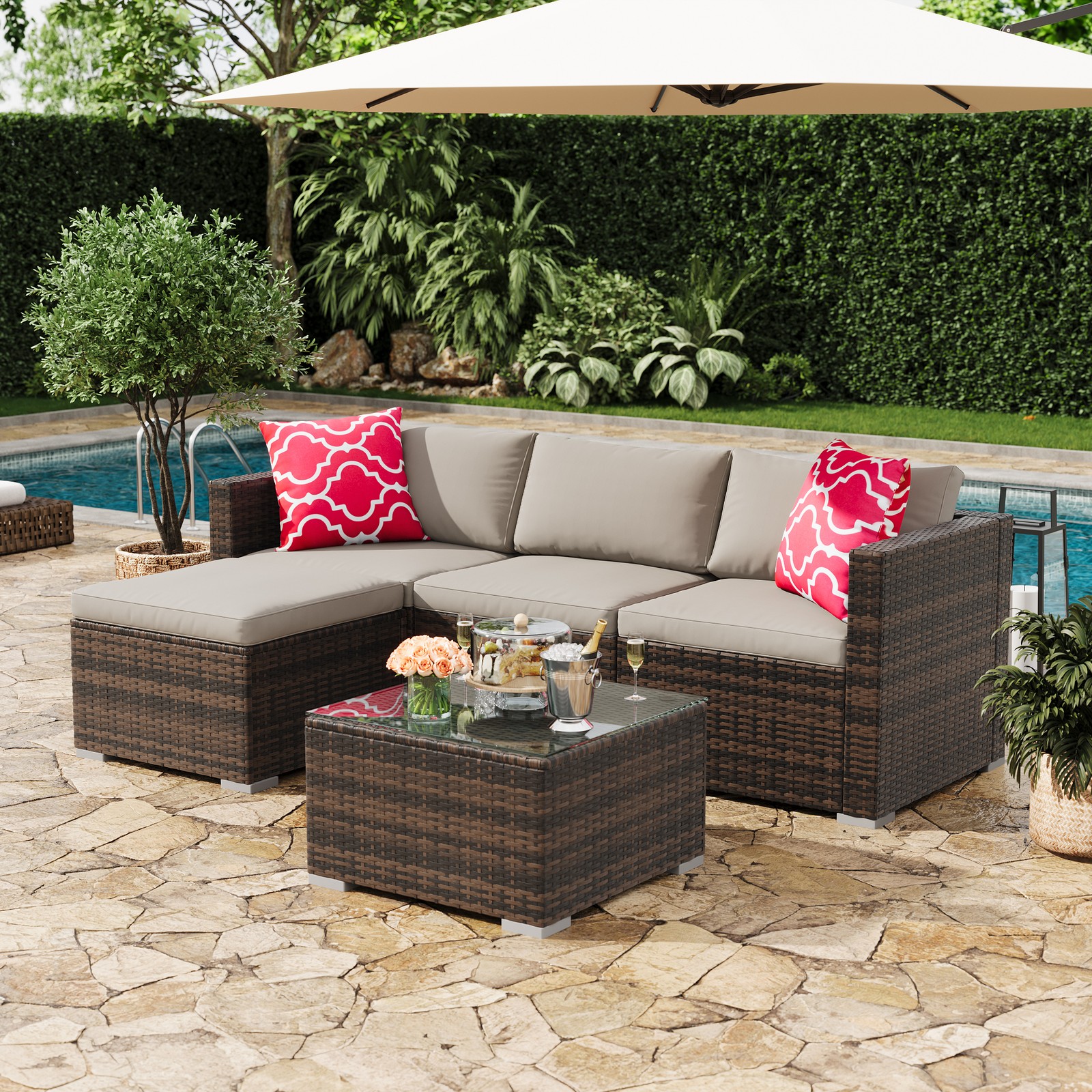5 Pieces Patio Furniture Set All-Weather Wicker Sectional Sofa For Garden Porch