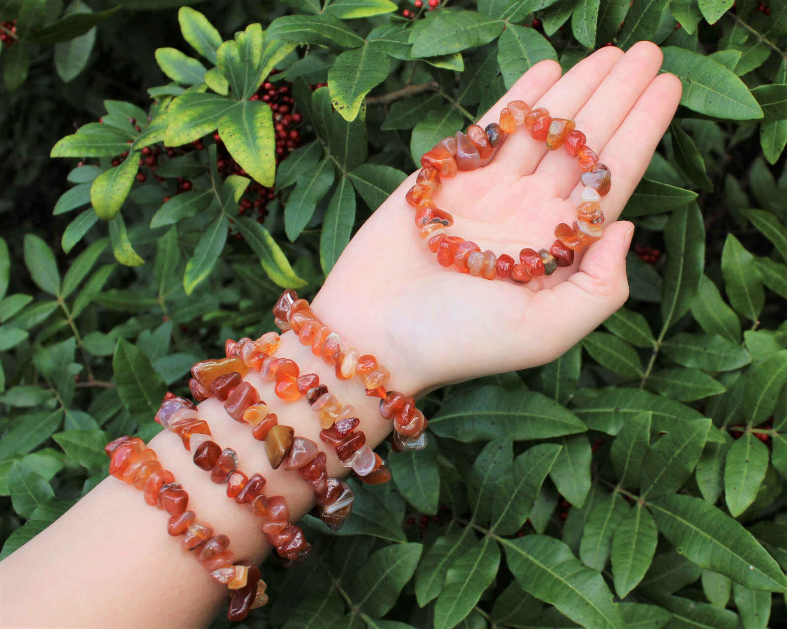 Carnelian Chip Bracelet, Gemstone Chip Healing Crystals (Stretchy - US Seller)